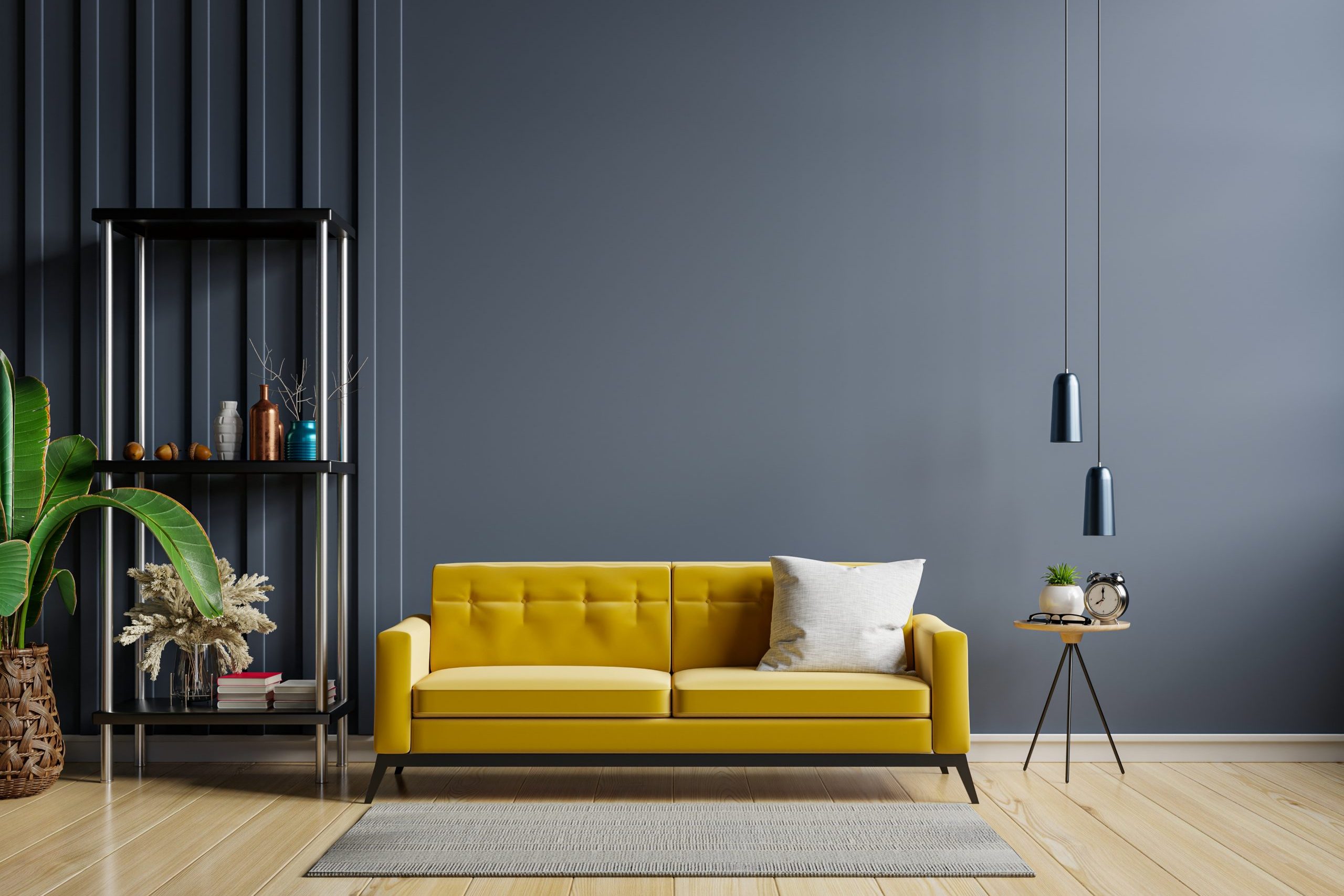 Yellow sofa and a wooden table in living room interior with plant,dark blue wall.3d rendering